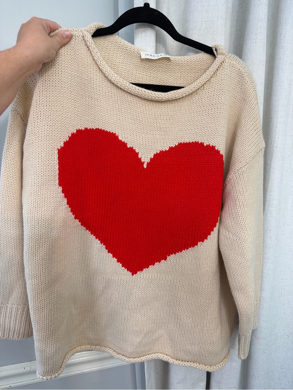 Hayden Cream Crewneck Sweater with Red Heart